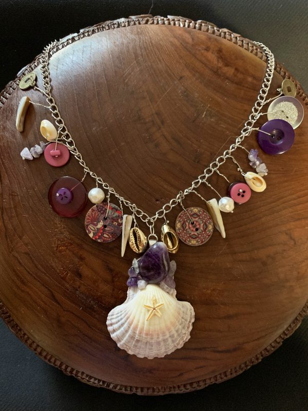 Unique Charm Necklace | Shell and Crystal Pendant Jewelry | Gifts for Women | Adjustable Necklace | Bead and Button Charms - Image 2