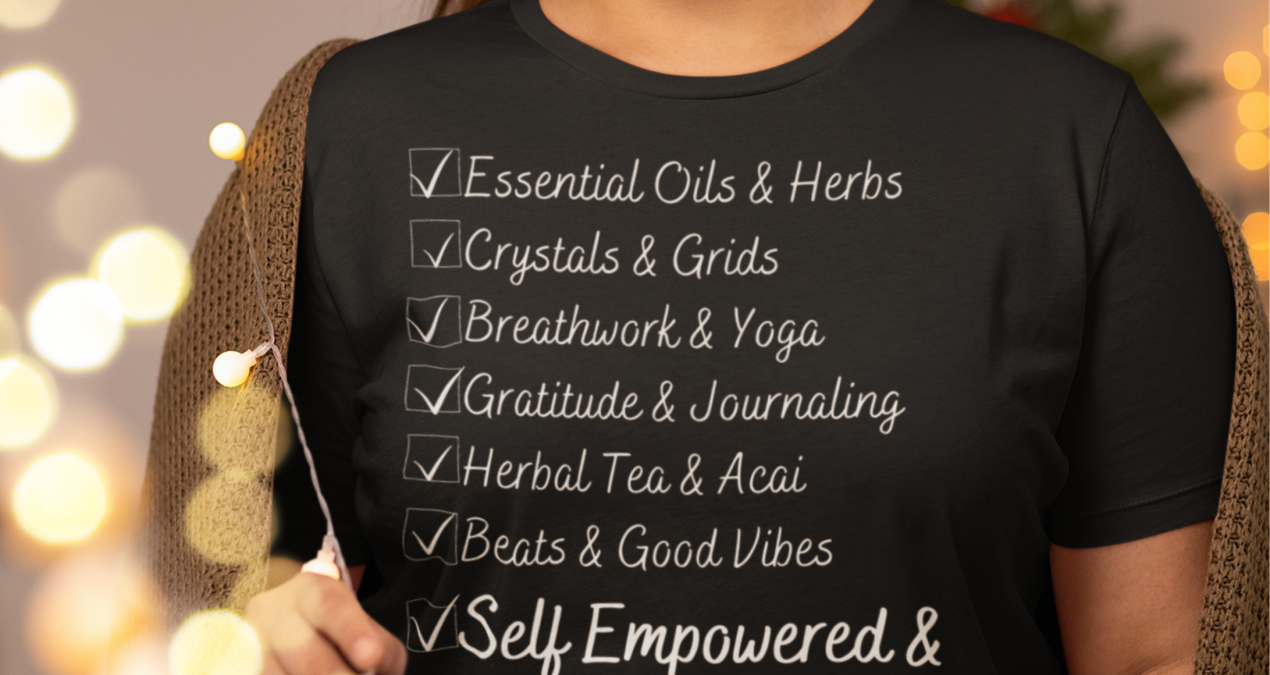 Essential Oils Crystal Yoga Gratitude Empowered Tee, Spiritual AF T-shirt, Women’s Energy Top, Self Love T Shirt, Boho Hippie Comfy Shirt